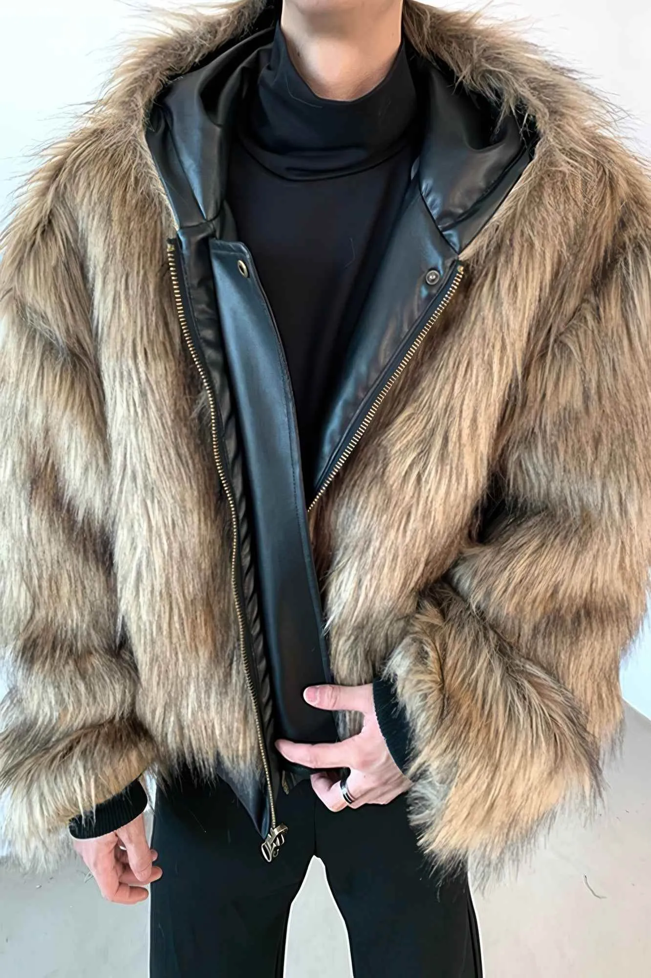 Winter Fashionable PU Leather Jacket for Men with Faux Fur, Reversible Design