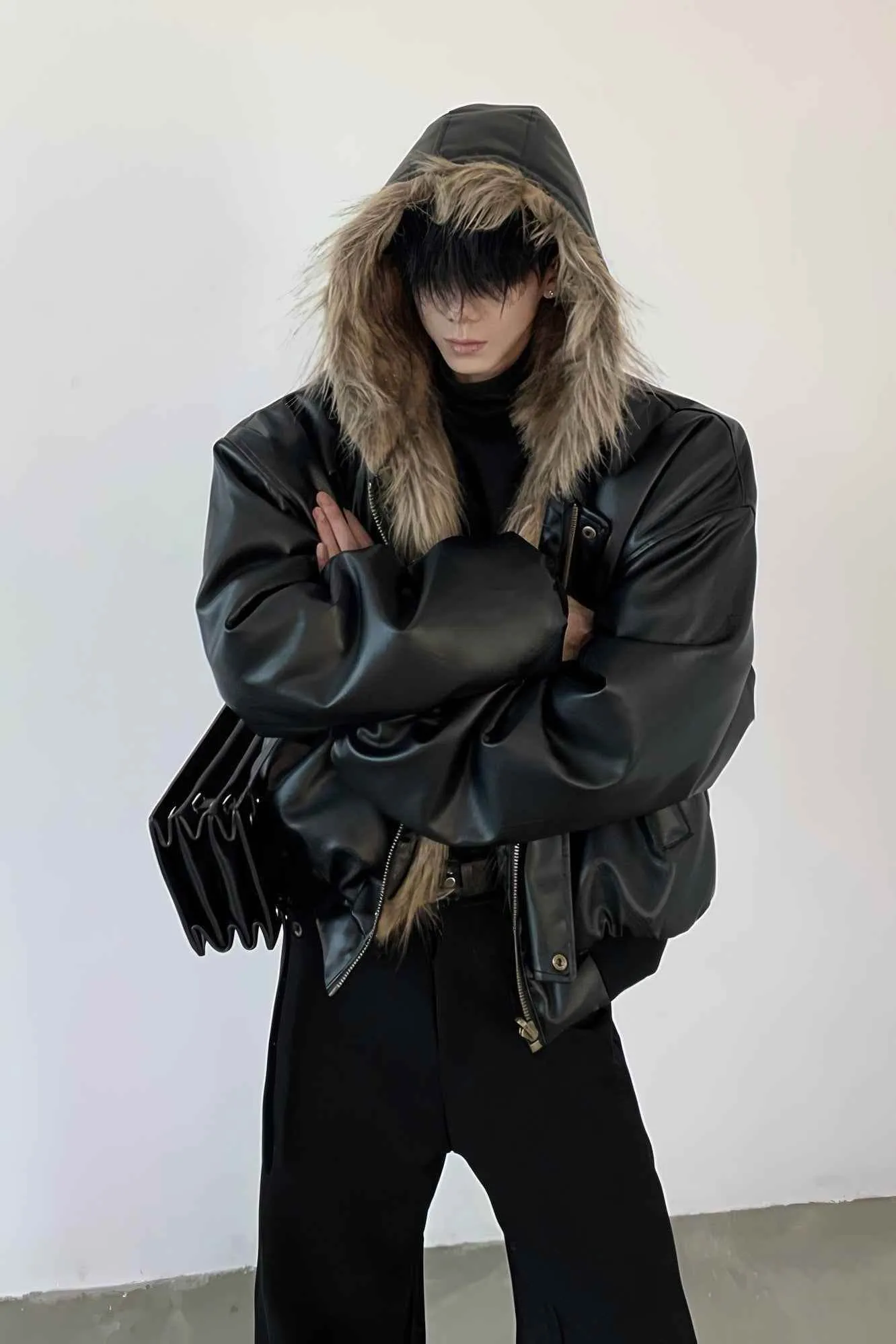 Winter Fashionable PU Leather Jacket for Men with Faux Fur, Reversible Design
