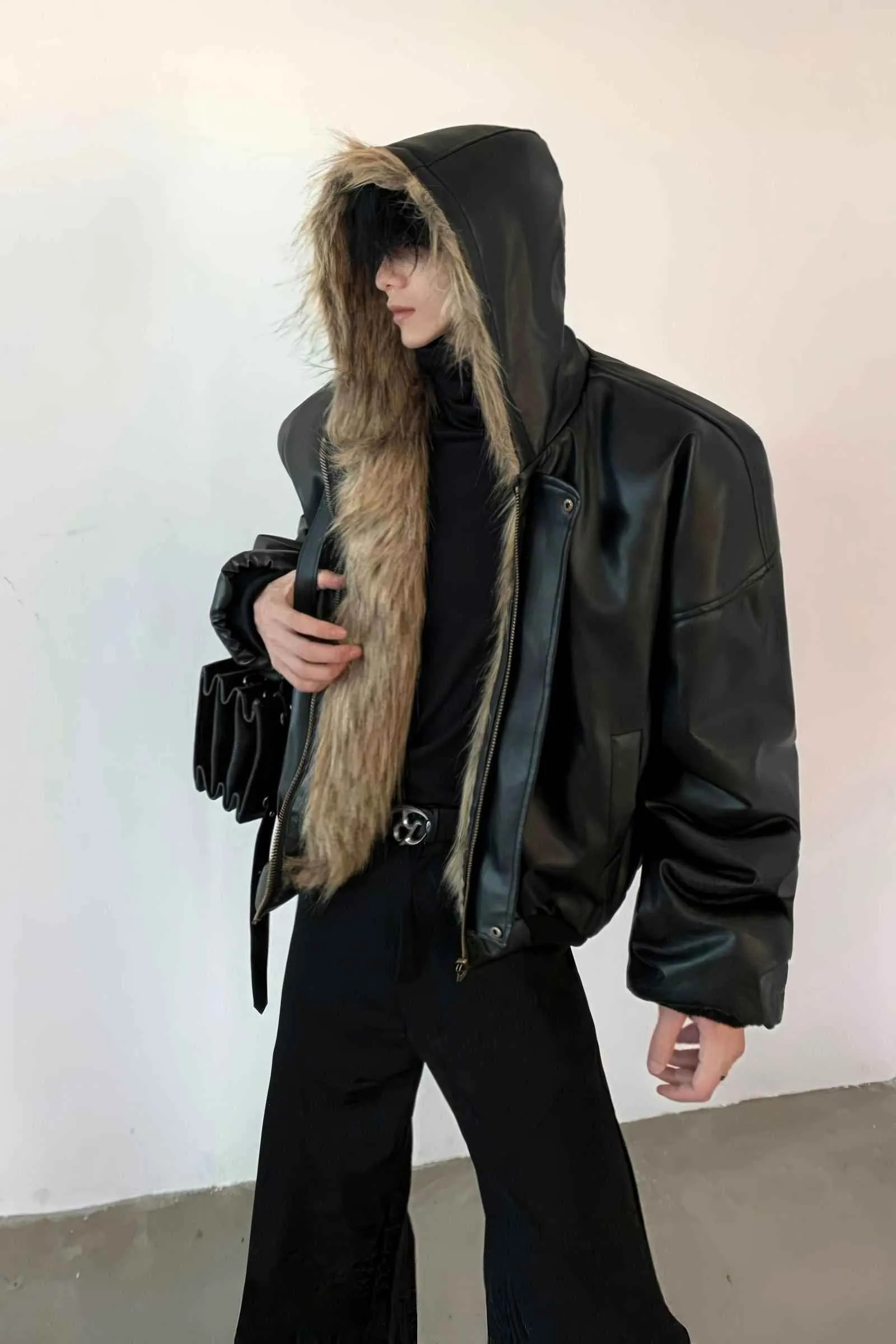 Winter Fashionable PU Leather Jacket for Men with Faux Fur, Reversible Design