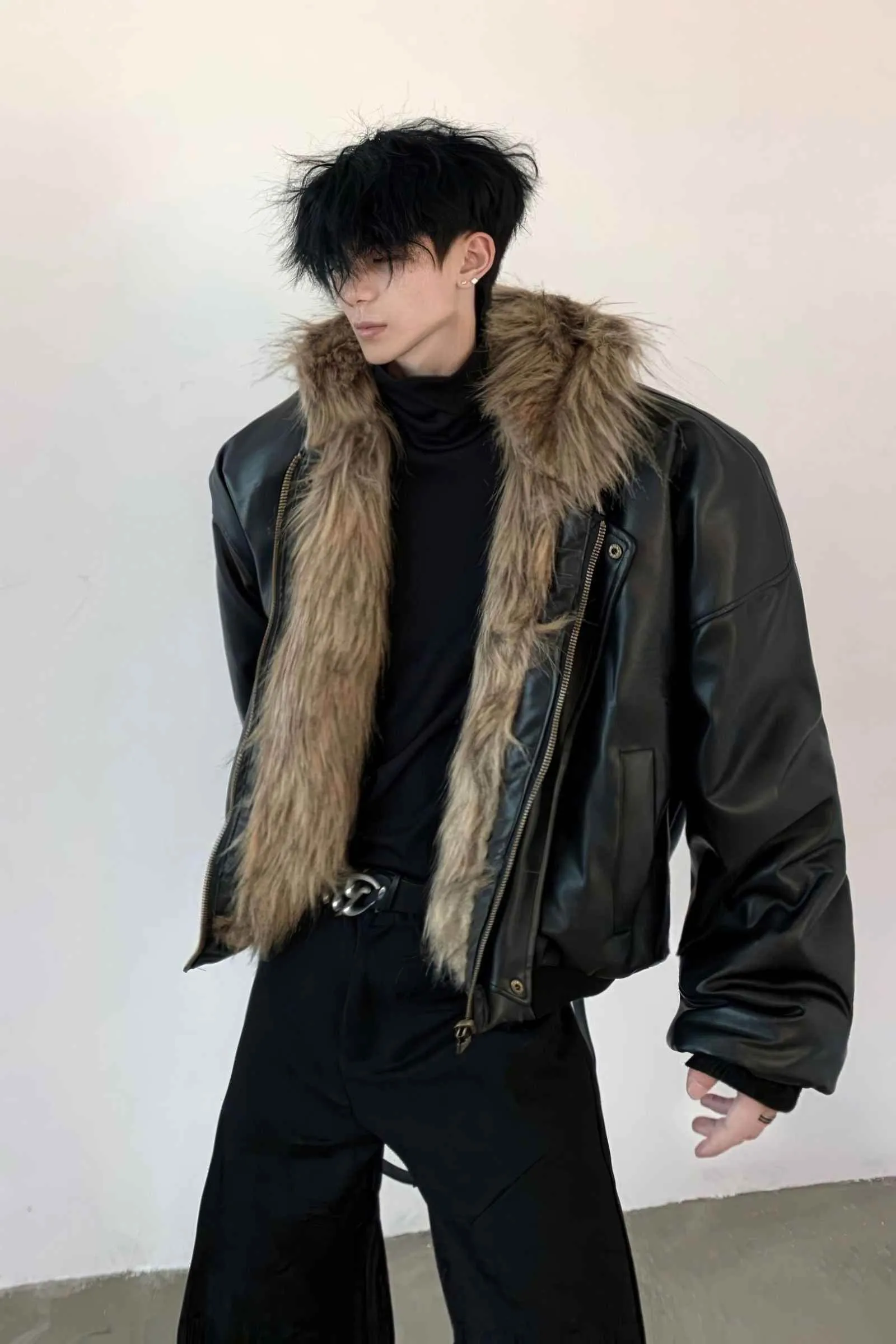 Winter Fashionable PU Leather Jacket for Men with Faux Fur, Reversible Design