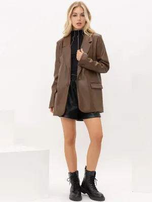 WOMEN'S LONG SLEEVE BUTTON CLOSURE PU PLEATHER JACKET