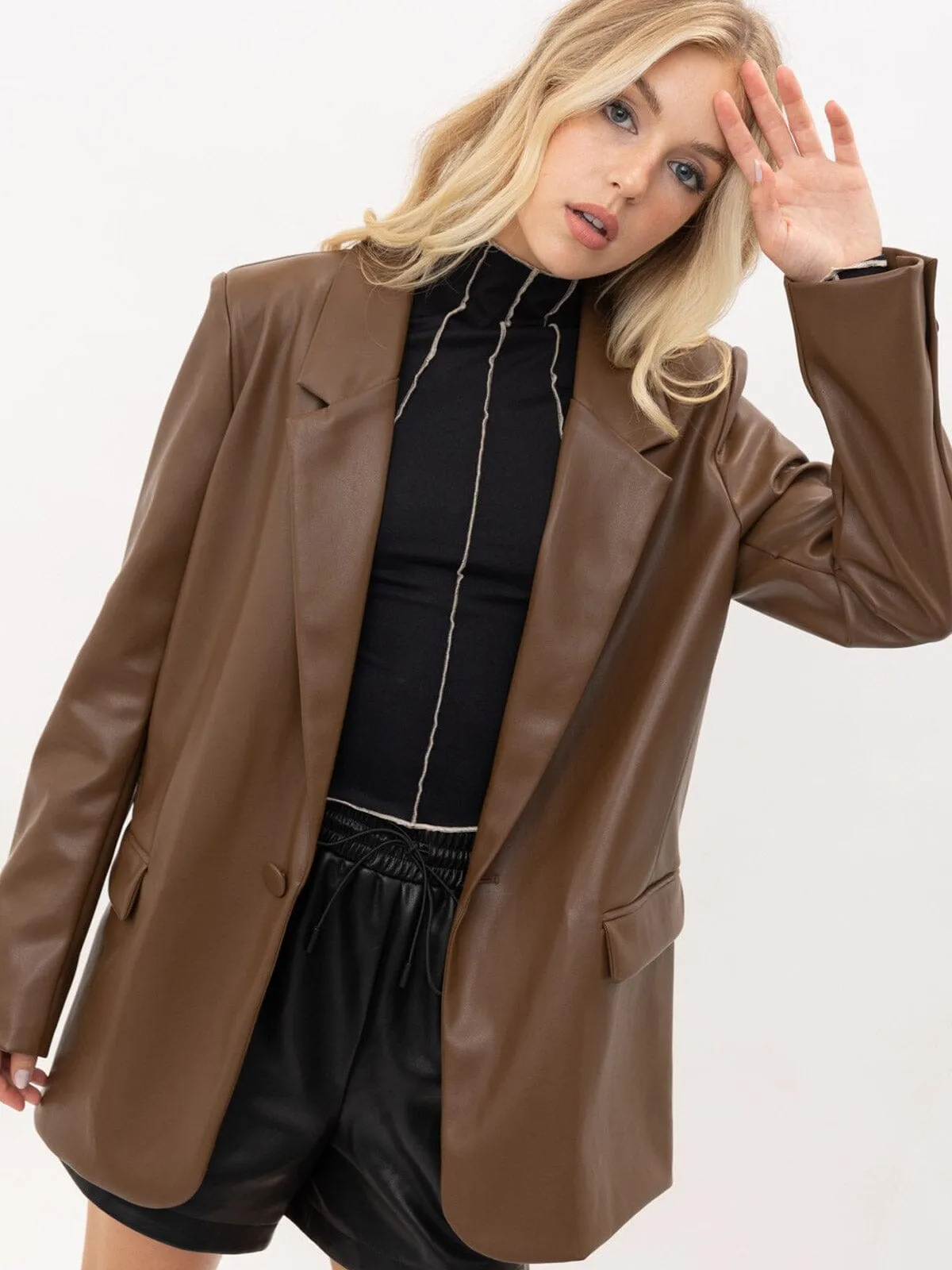 WOMEN'S LONG SLEEVE BUTTON CLOSURE PU PLEATHER JACKET