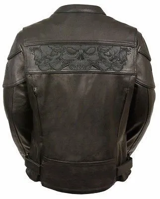 WOMEN'S REFLECTIVE SKULL MOTORCYCLE LEATHER CROSSOVER SCOOTER JACKET NEW BLACK