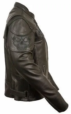 WOMEN'S REFLECTIVE SKULL MOTORCYCLE LEATHER CROSSOVER SCOOTER JACKET NEW BLACK