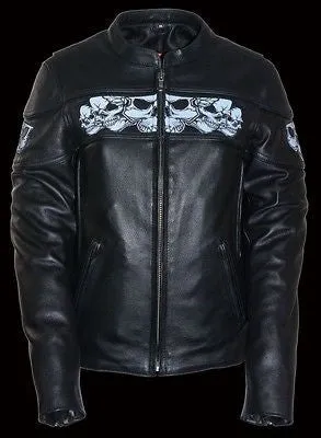 WOMEN'S REFLECTIVE SKULL MOTORCYCLE LEATHER CROSSOVER SCOOTER JACKET NEW BLACK