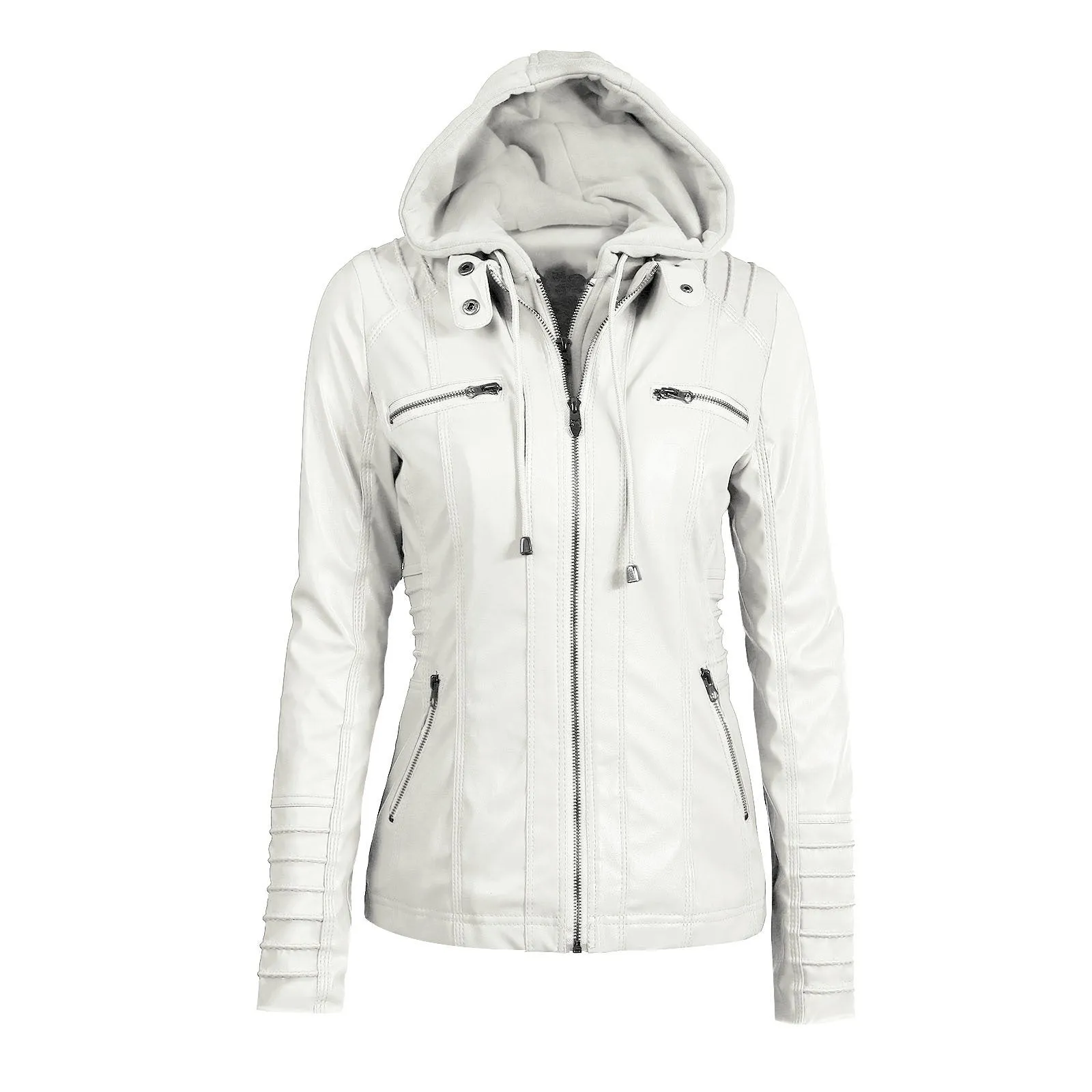 Women's Removable Hooded Faux Leather Moto Biker Jacket
