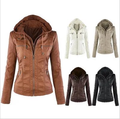 Women's Removable Hooded Faux Leather Moto Biker Jacket