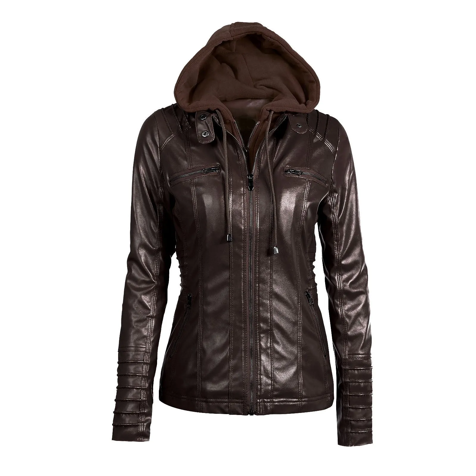 Women's Removable Hooded Faux Leather Moto Biker Jacket