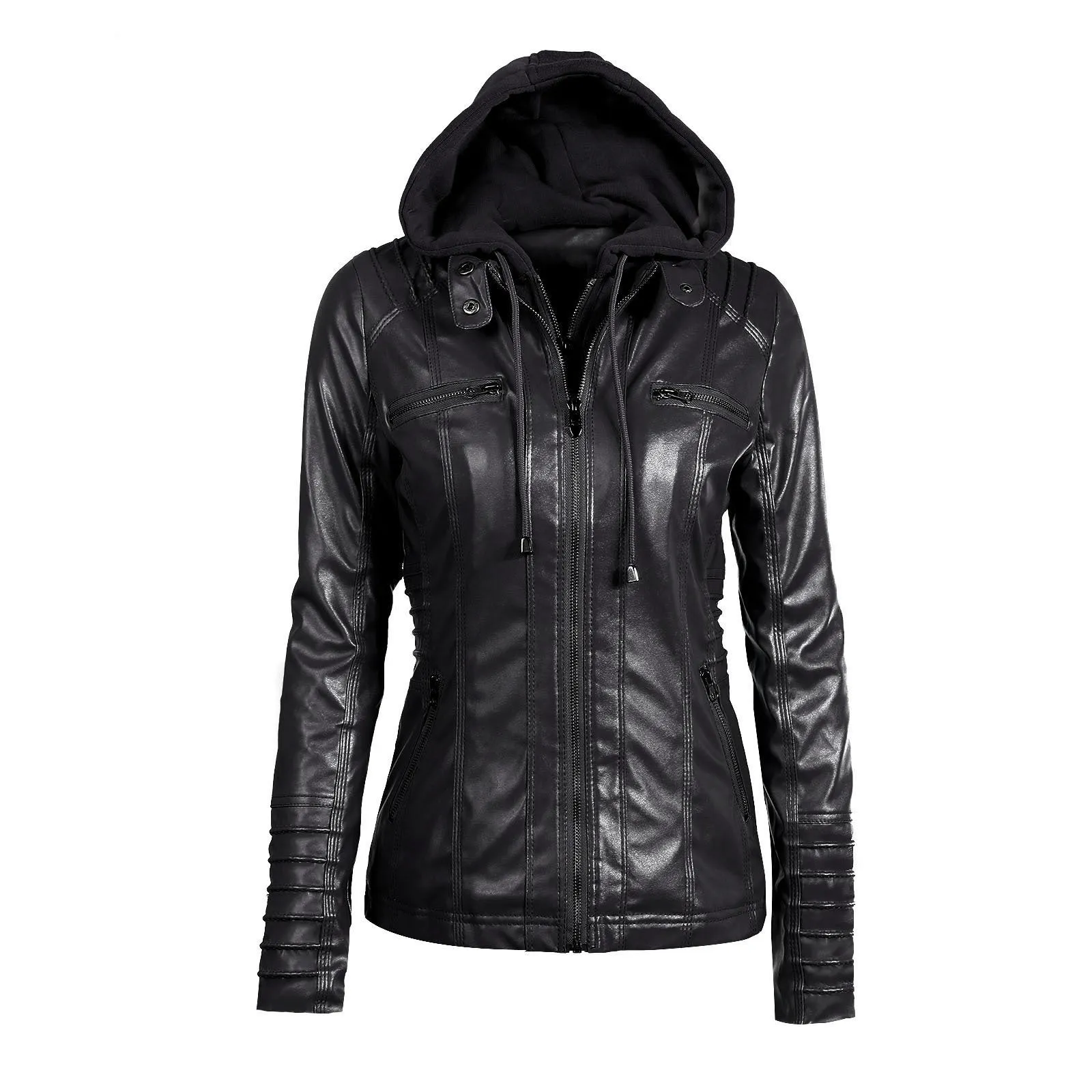 Women's Removable Hooded Faux Leather Moto Biker Jacket