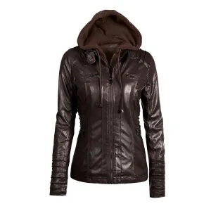 Women's Removable Hooded Faux Leather Moto Biker Jacket