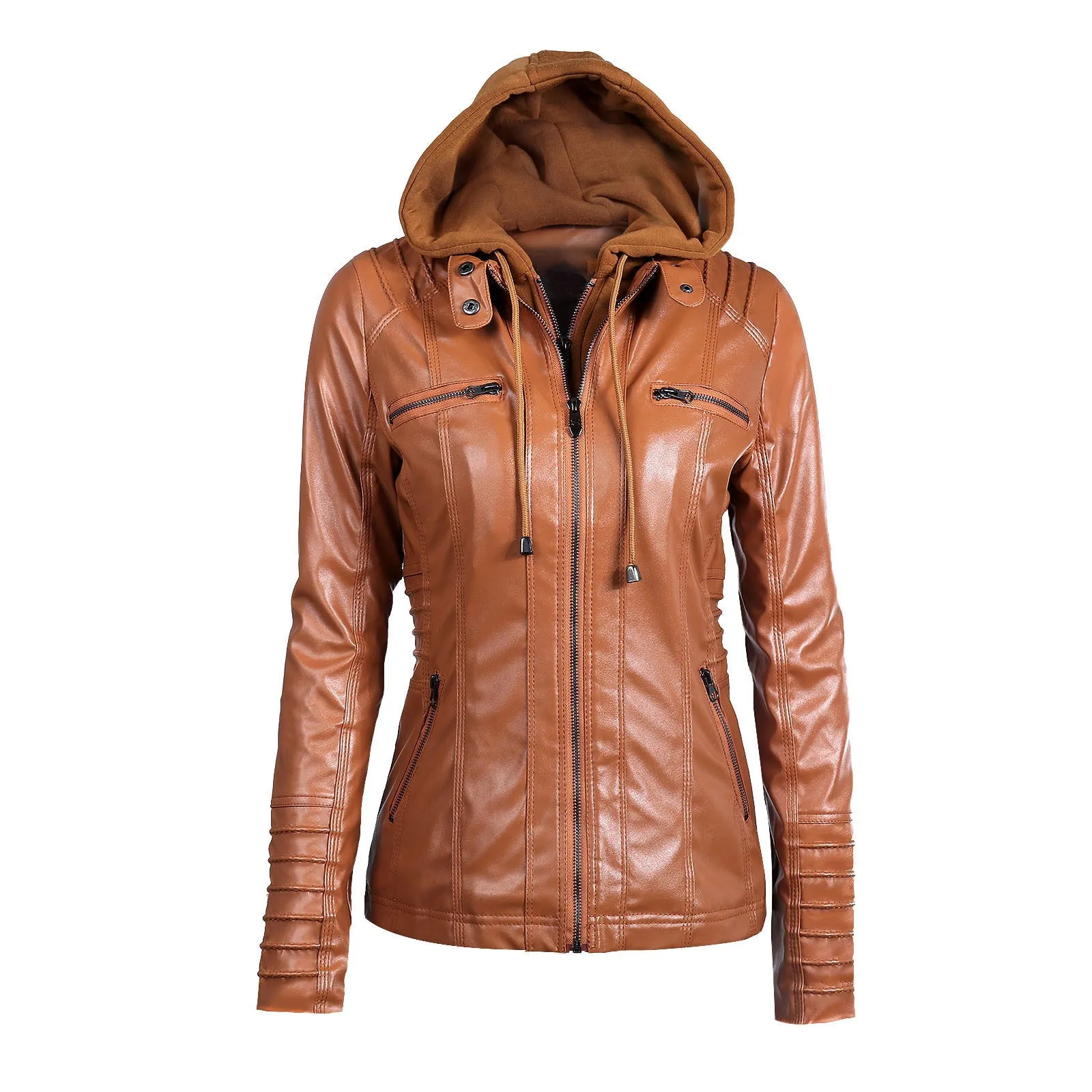 Women's Removable Hooded Faux Leather Moto Biker Jacket