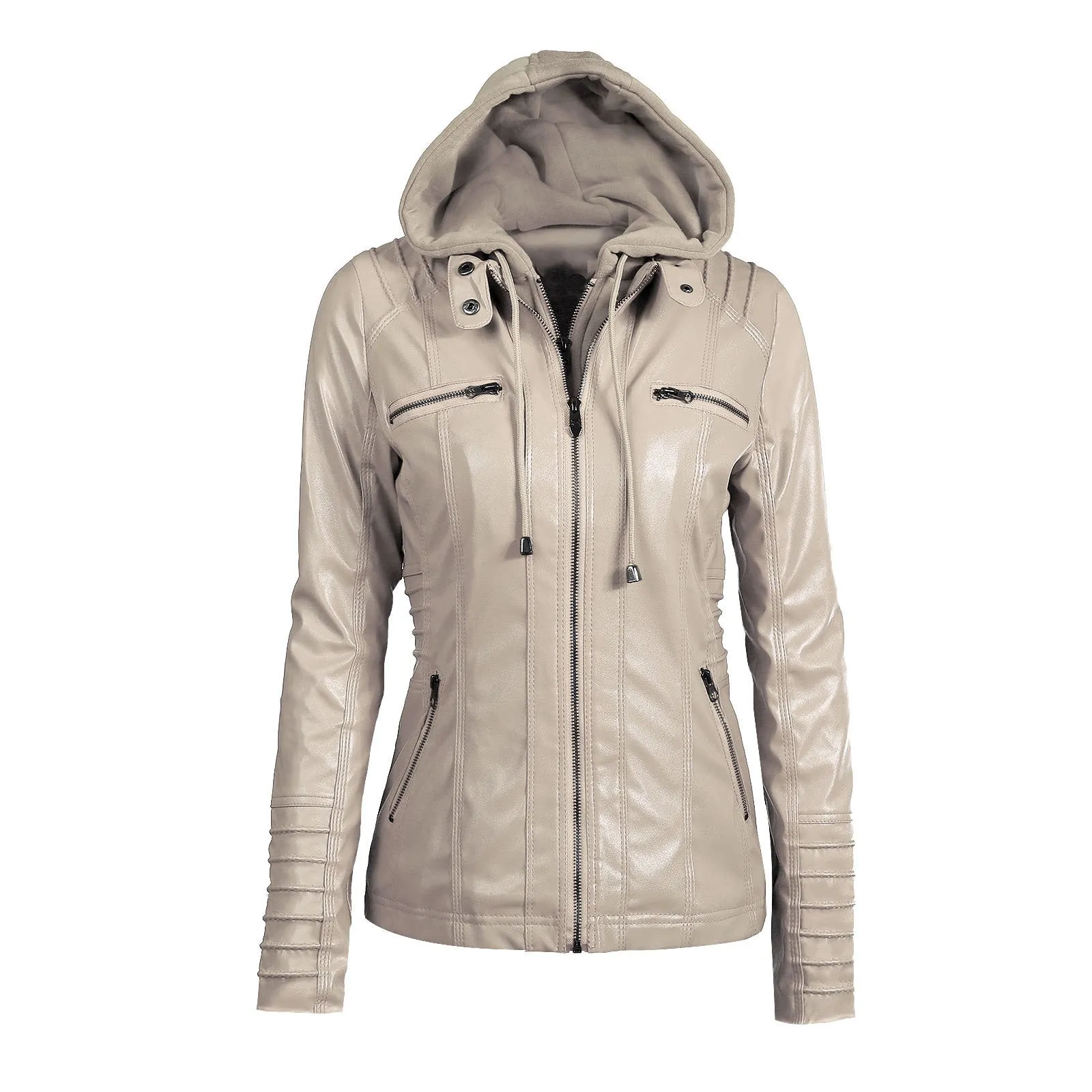 Women's Removable Hooded Faux Leather Moto Biker Jacket