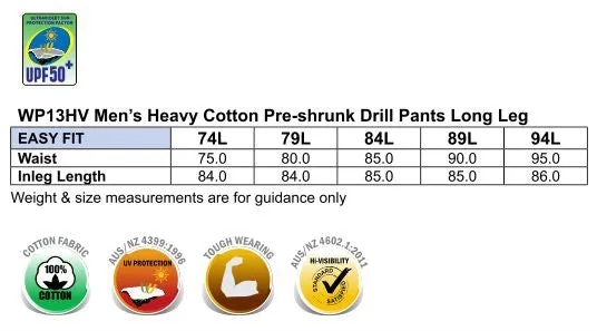 WP13HV PRE-SHRUNK DRILL PANTS WITH 3M TAPES LONG LEG