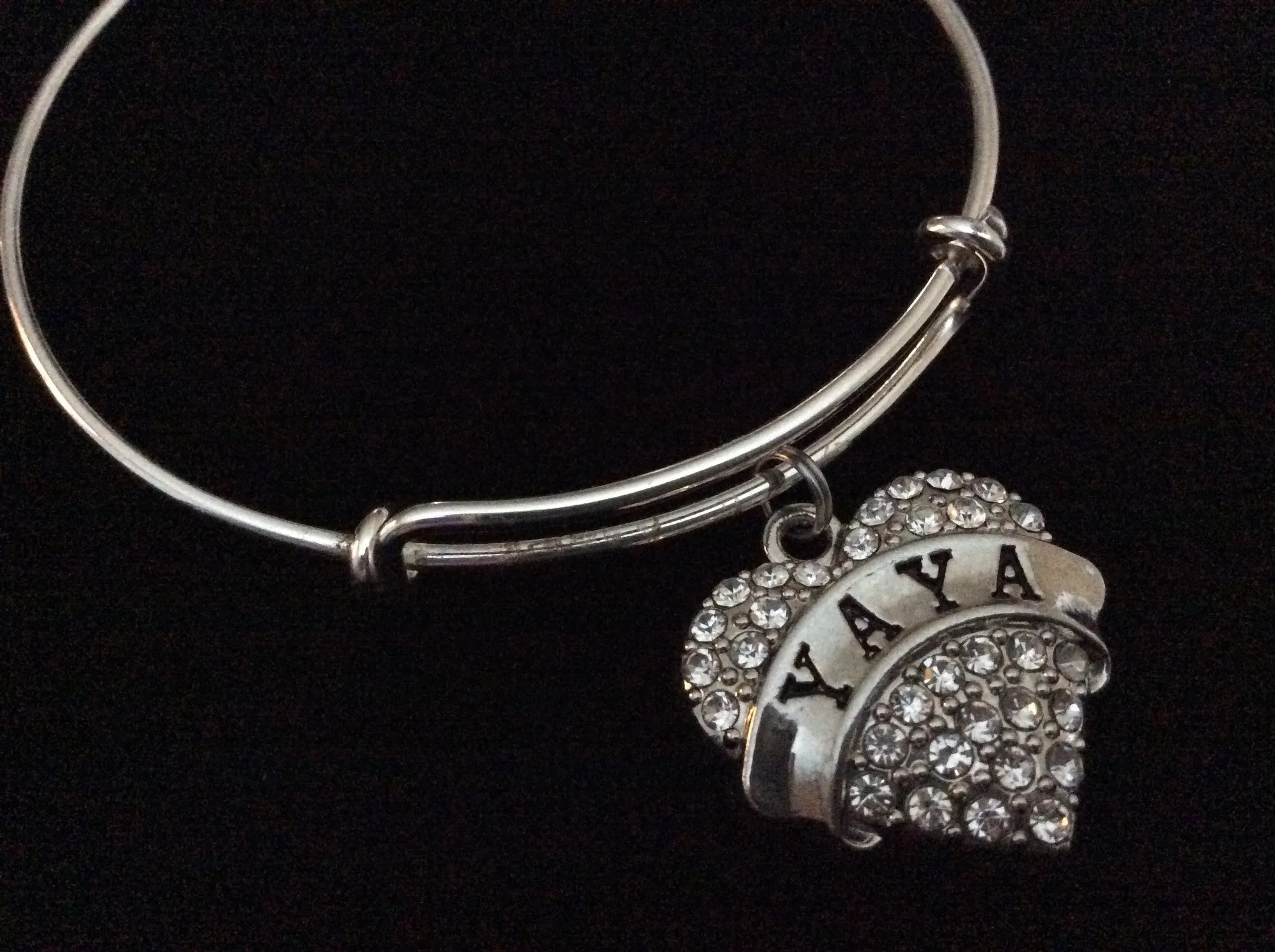 Yaya Silver Crystal Heart Charm Bangle Adjustable Expandable Meaningful Gift Grandmother Gift