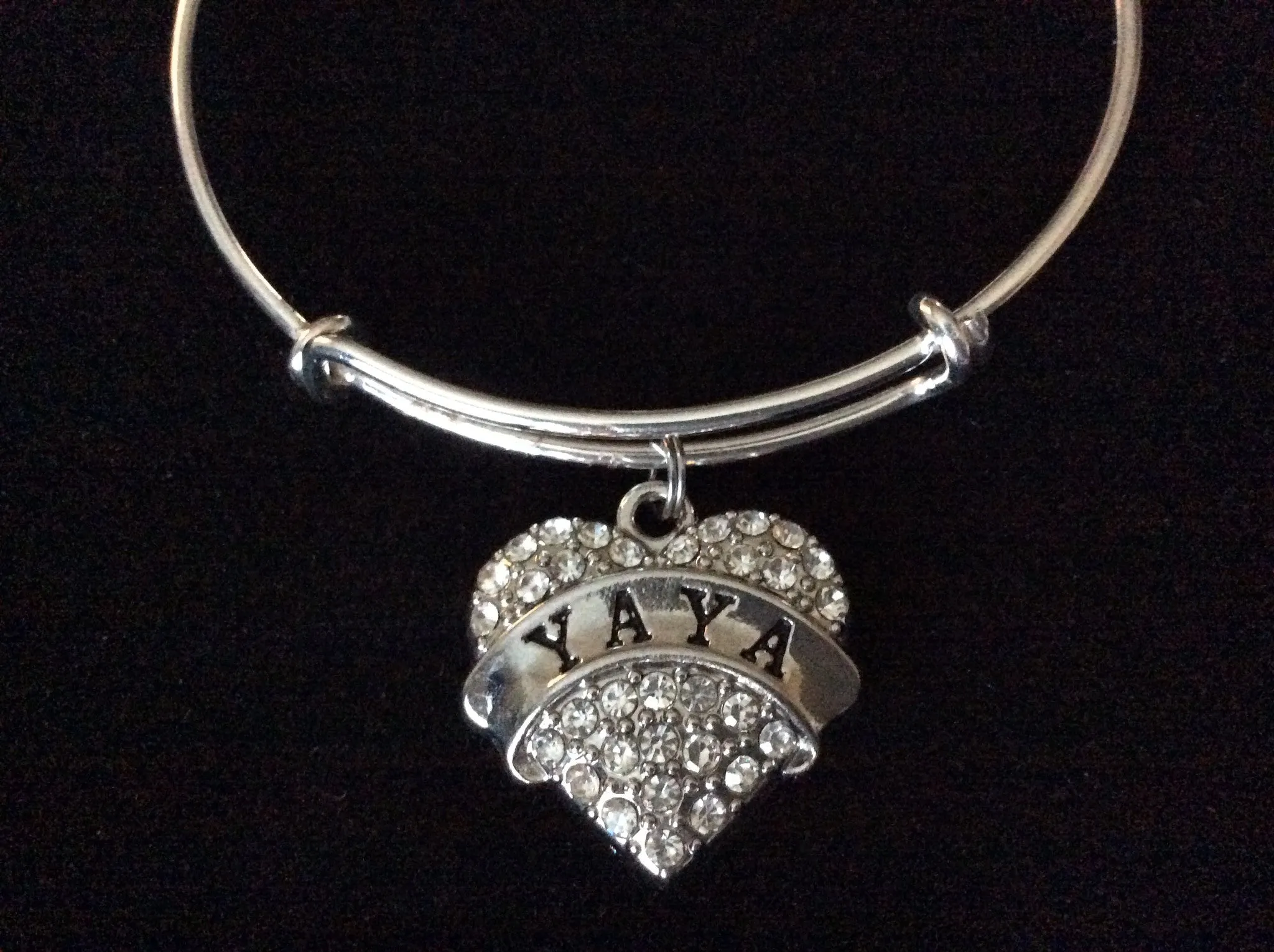 Yaya Silver Crystal Heart Charm Bangle Adjustable Expandable Meaningful Gift Grandmother Gift