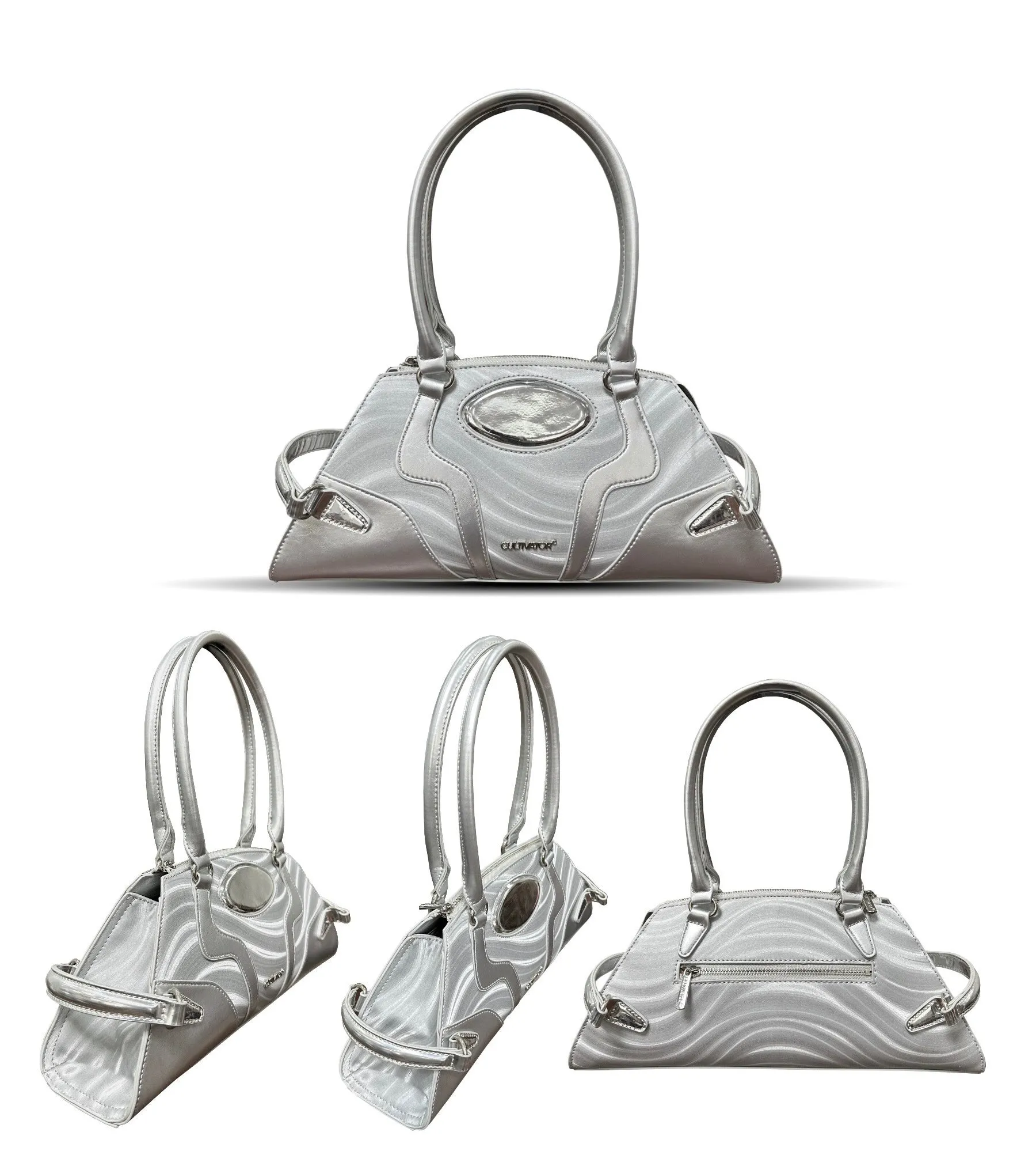 Yerali PU Leather Retro Futuristic Reflective Wave Trapezoid Wide Shape Design Shoulder Bag Handbag