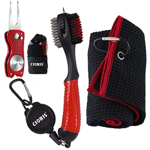 YK Golf Groove Cleaning Tool Set - Microfiber Waffle Pattern Golf Towel | Retractable Club Groove Cleaner Brush | Foldable Divot Tool with Magnetic Ball Marker