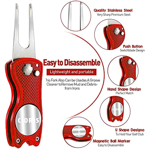 YK Golf Groove Cleaning Tool Set - Microfiber Waffle Pattern Golf Towel | Retractable Club Groove Cleaner Brush | Foldable Divot Tool with Magnetic Ball Marker