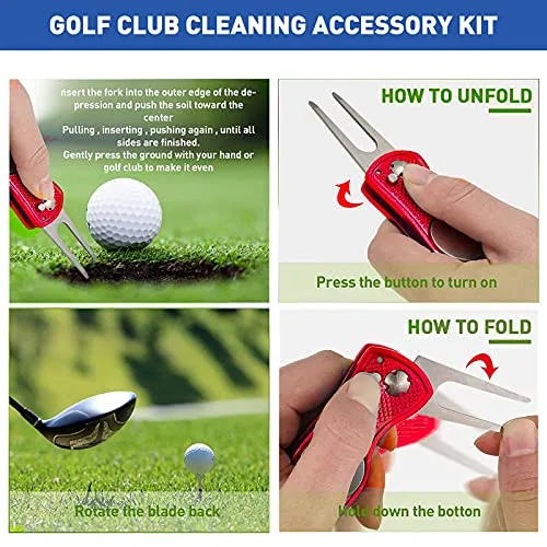 YK Golf Groove Cleaning Tool Set - Microfiber Waffle Pattern Golf Towel | Retractable Club Groove Cleaner Brush | Foldable Divot Tool with Magnetic Ball Marker