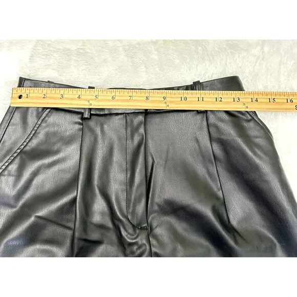 ZARA Women's Black Faux Leather High Rise Pleated Front Roll Hem Shorts SZ S