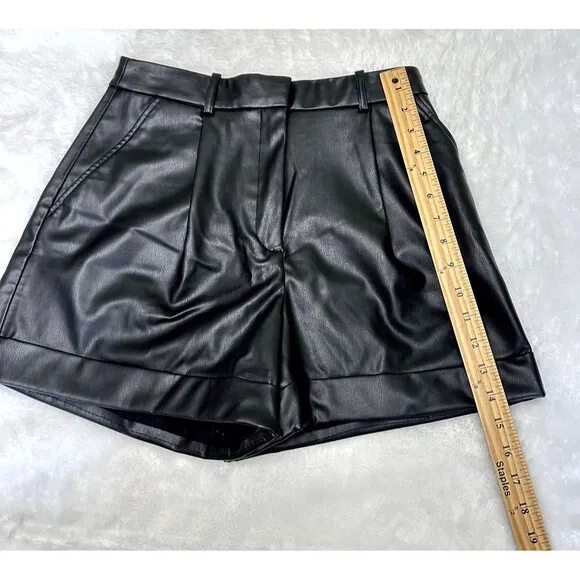 ZARA Women's Black Faux Leather High Rise Pleated Front Roll Hem Shorts SZ S