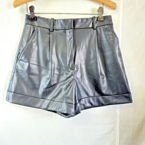 ZARA Women's Black Faux Leather High Rise Pleated Front Roll Hem Shorts SZ S